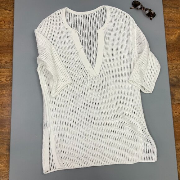 Theory White Open Knit Crochet Tunic Top Cover Up Cotton Blend Sz M - Picture 15 of 16